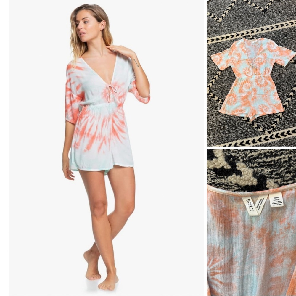 Roxy Women's coral, aqua and white swim coverup, beach romper size M